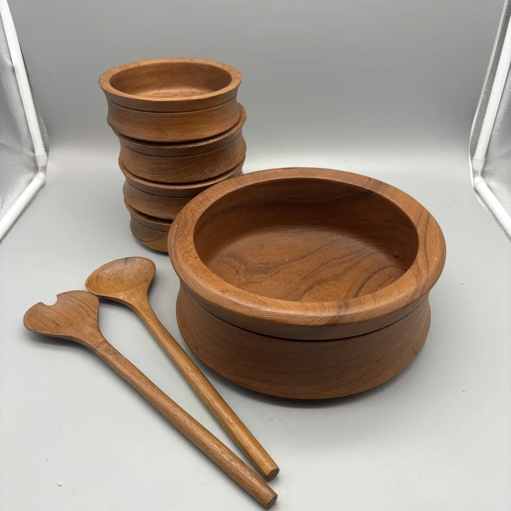 Vintage Genuine Teak Wood 7pc Set From Thailand Salad Bowl & Serving Bowls MCM